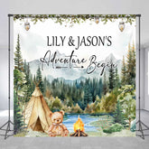 Aperturee Aperturee Custom Adventure Begins Baby Shower Backdrop Woodland Mountain and Teepee Personalized Camping Theme Welcome Sign